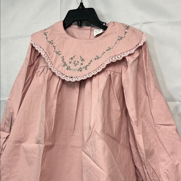 Dudu Cream dusty rose embroidered bib collar long sleeve dress size 5-6 NEW - Picture 4 of 15
